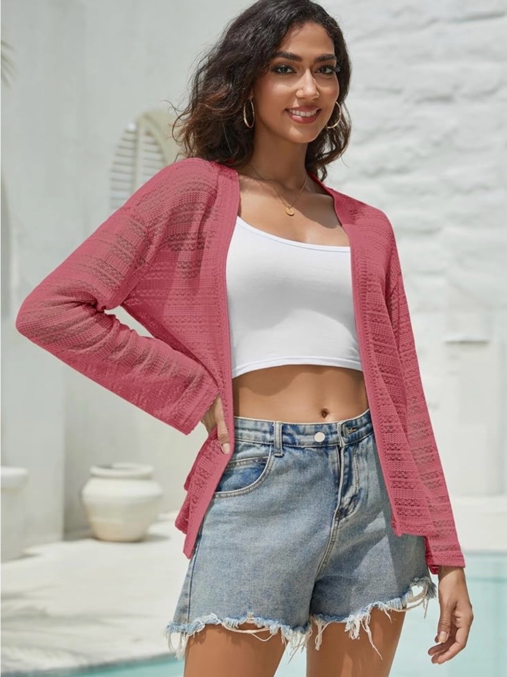 Lightweight Open-Front Hot Pink Cardigan Sweater
